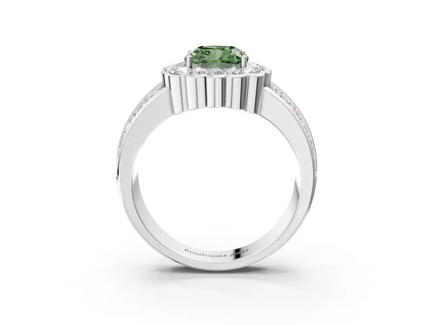 White gold Fancy Green Cushion Cut Halo Diamond Split Shank Ring with Scalloped Prong Setting_3