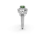 White gold Fancy Green Cushion Cut Halo Milgrain Diamond Engagement Ring with Leaf Band and Four-Prong Setting_2