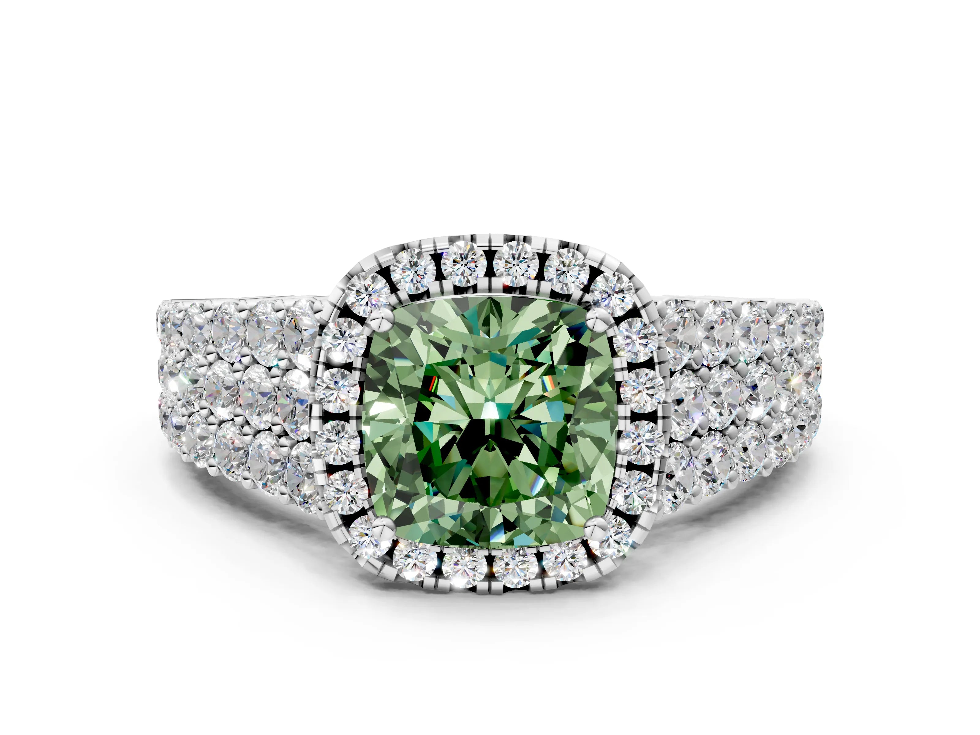 White gold Fancy Green Cushion Cut Halo Pavé Diamond Engagement Ring with Split Shank and Four-Prong Setting_3