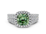 White gold Fancy Green Cushion Cut Halo Pavé Diamond Engagement Ring with Split Shank and Four-Prong Setting_3