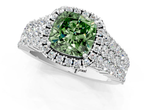 White gold Fancy Green Cushion Cut Halo Pavé Diamond Engagement Ring with Split Shank and Four-Prong Setting_4