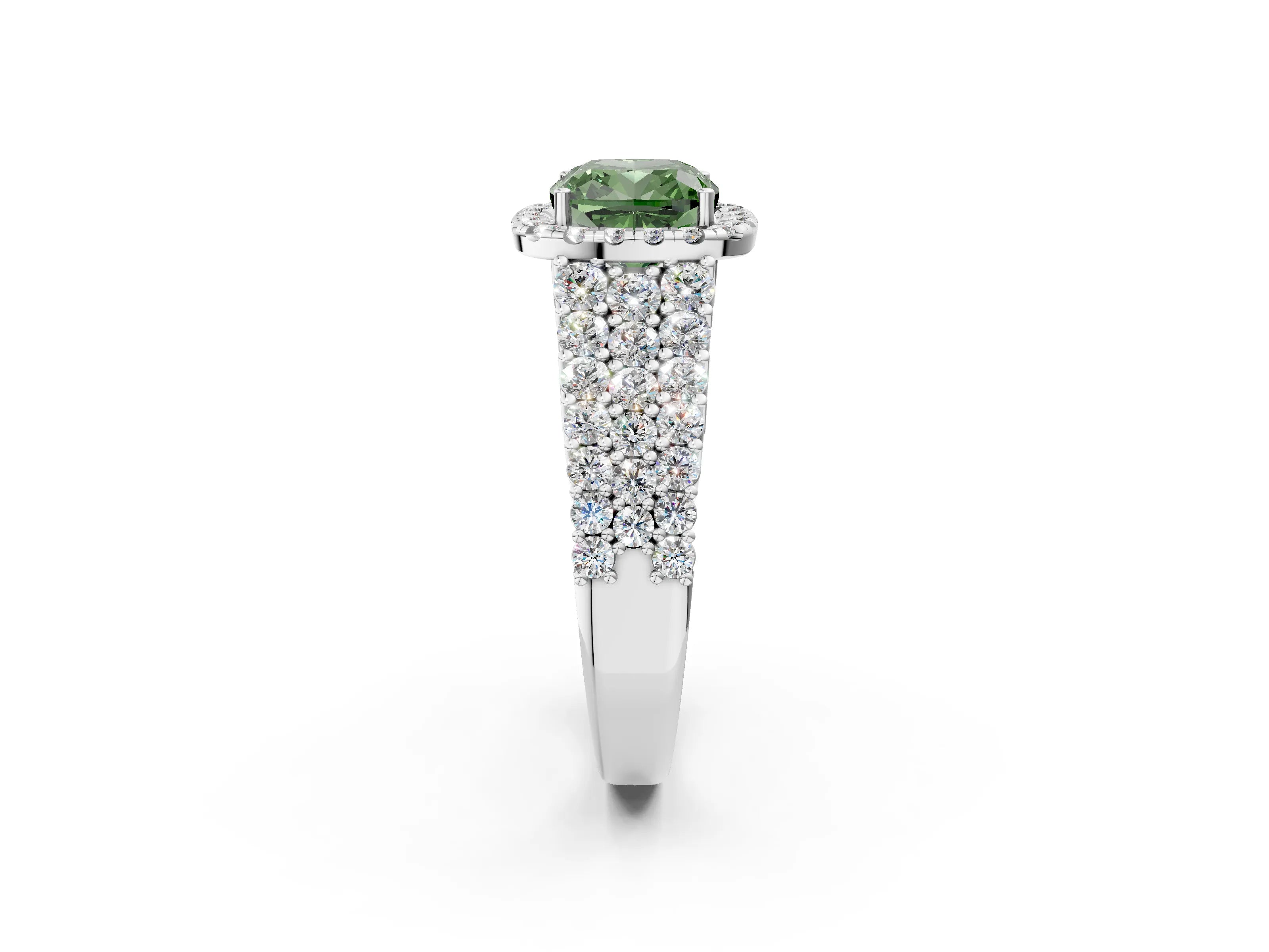 White gold Fancy Green Cushion Cut Halo Pavé Diamond Engagement Ring with Split Shank and Four-Prong Setting_5