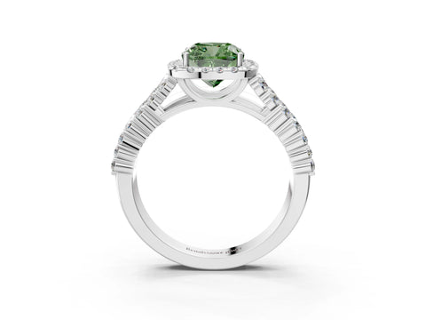White gold Fancy Green Cushion Cut Halo Pavé Diamond Engagement Ring with Split Shank and Four-Prong Setting_6