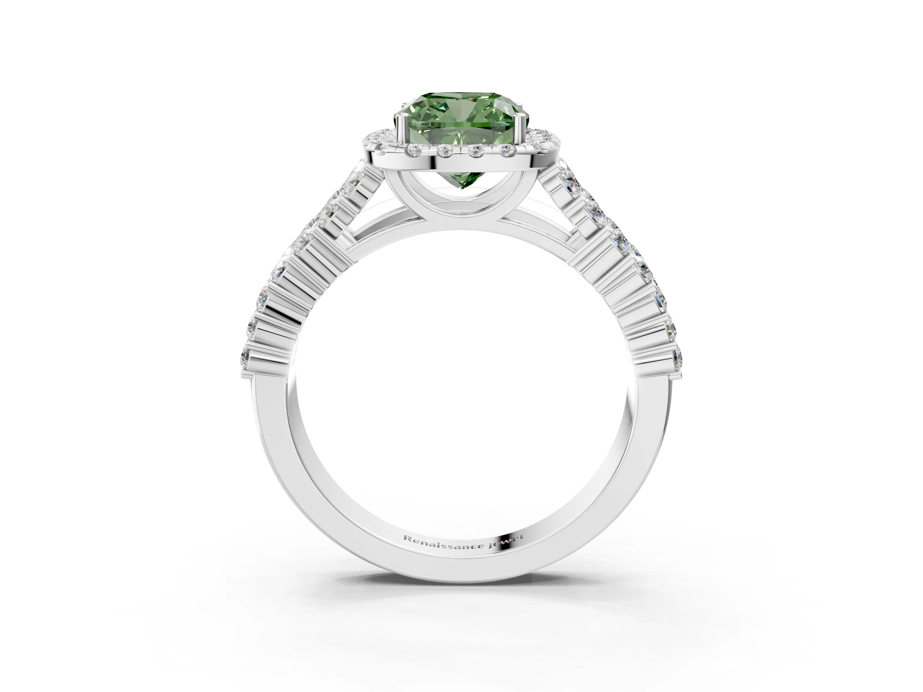 White gold Fancy Green Cushion Cut Halo Pavé Diamond Engagement Ring with Split Shank and Four-Prong Setting_6