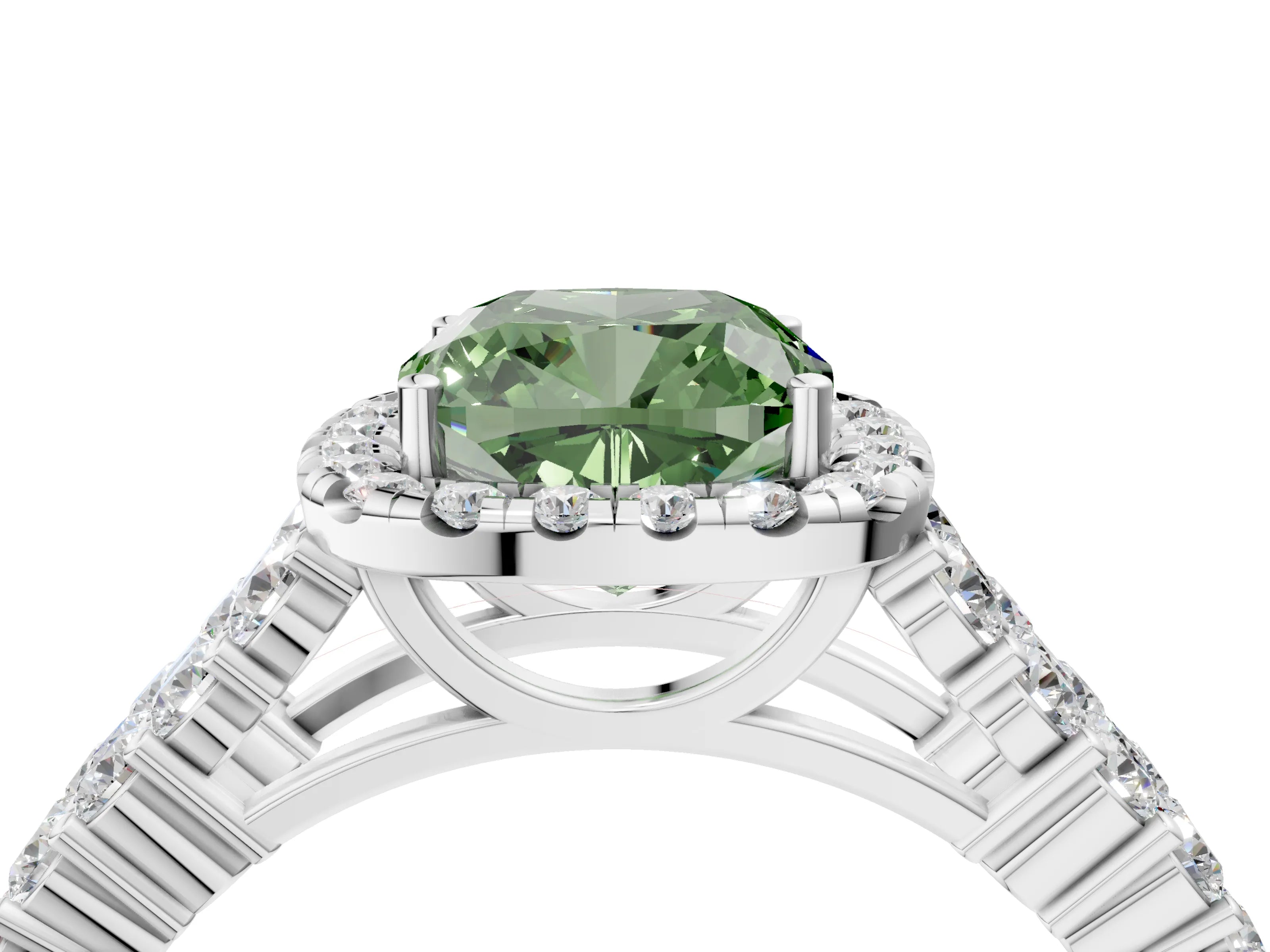 White gold Fancy Green Cushion Cut Halo Pavé Diamond Engagement Ring with Split Shank and Four-Prong Setting_7