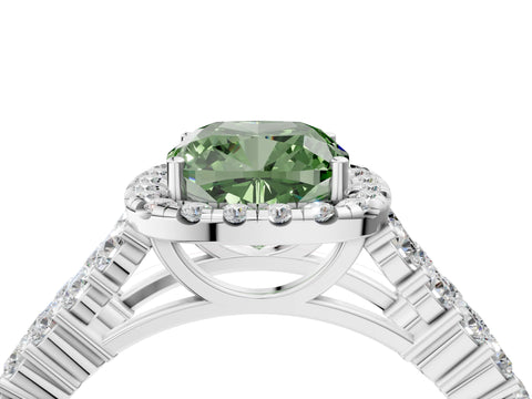 White gold Fancy Green Cushion Cut Halo Pavé Diamond Engagement Ring with Split Shank and Four-Prong Setting_7