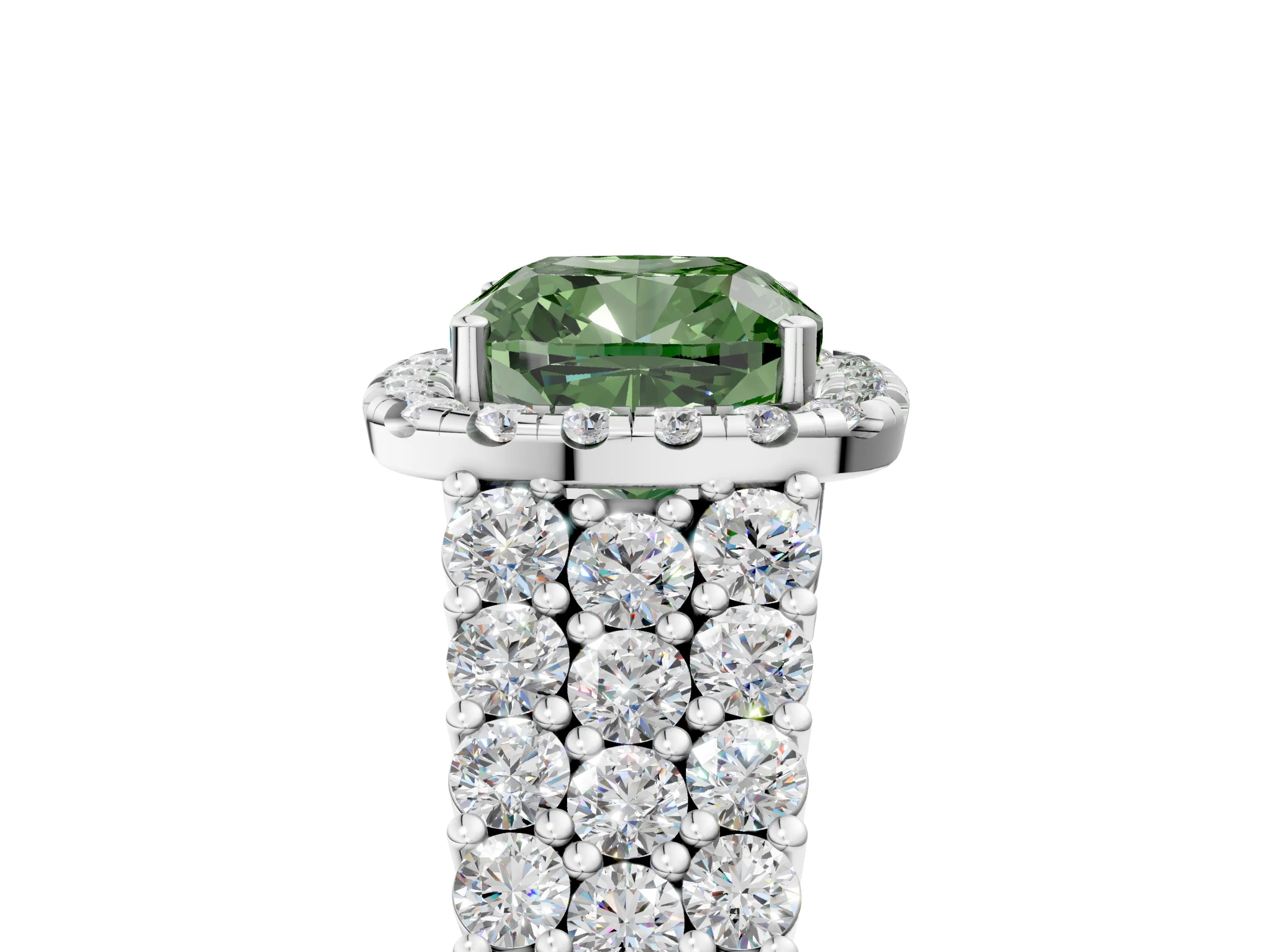 White gold Fancy Green Cushion Cut Halo Pavé Diamond Engagement Ring with Split Shank and Four-Prong Setting_8