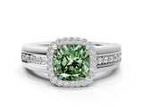 White gold Fancy Green Cushion  Cut Halo Pave Band Four-Prong Ring_82