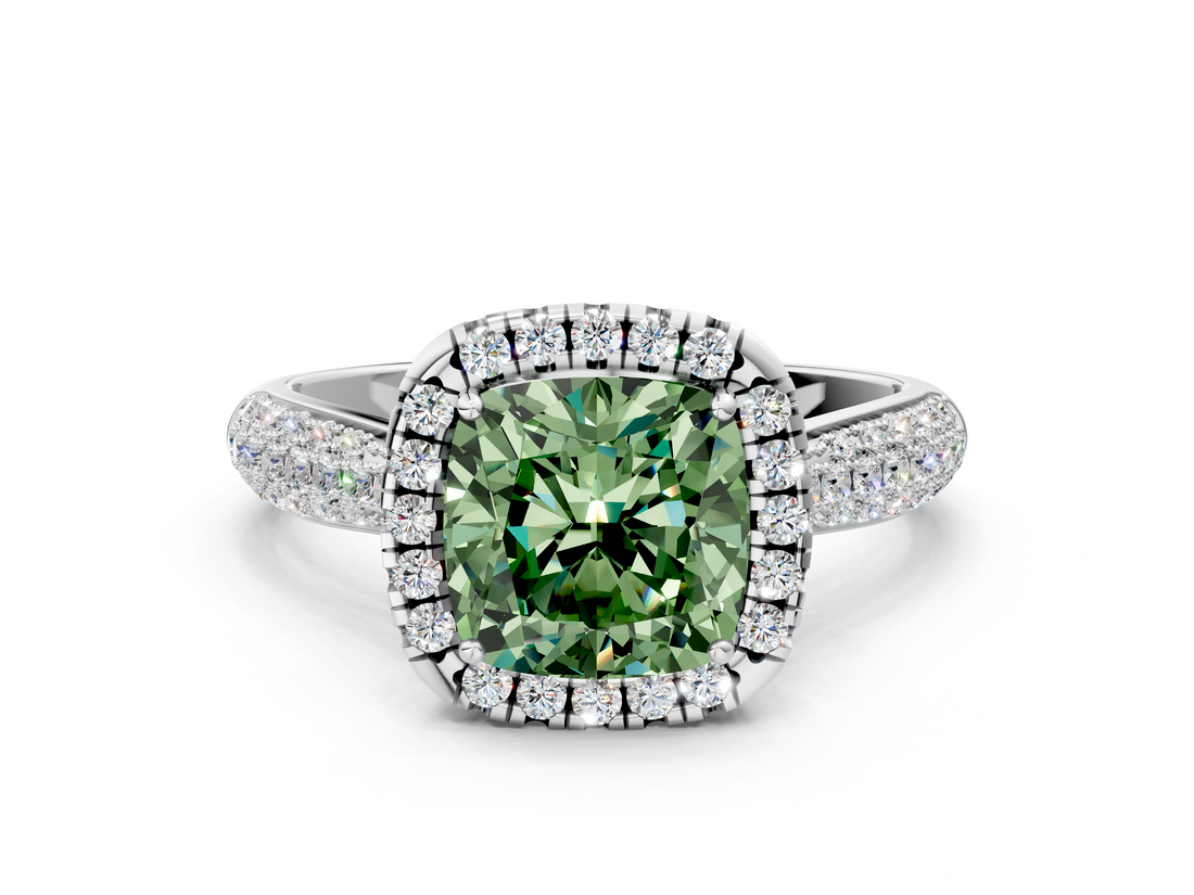 White gold Fancy Green Cushion  Cut Halo Pave Band Four-Prong Setting Ring_36