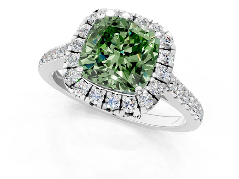 White gold Fancy Green Cushion Cut Halo Pave Diamond Engagement Ring with Four-Prong Setting_1