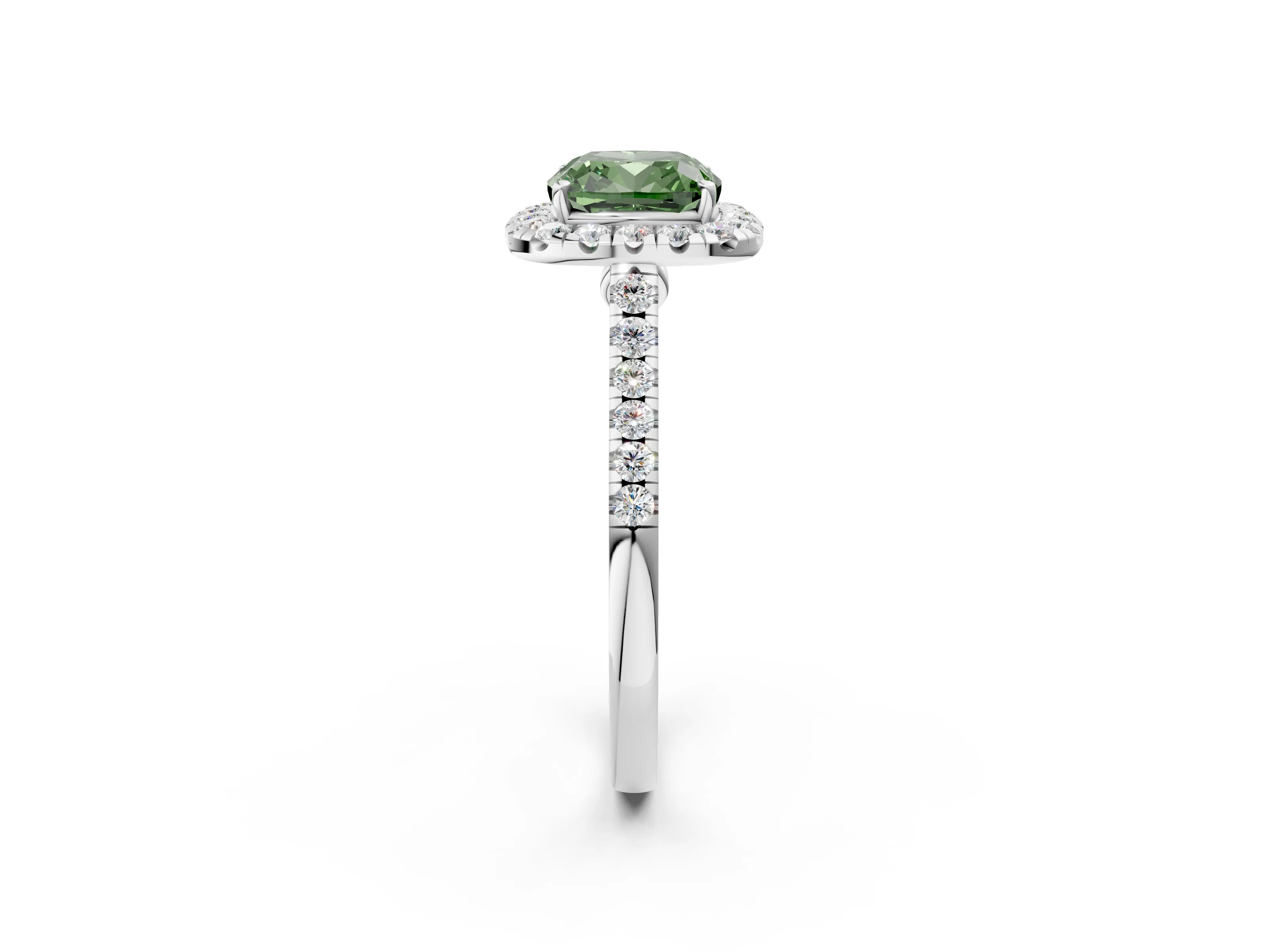 White gold Fancy Green Cushion Cut Halo Pave Diamond Engagement Ring with Four-Prong Setting_2