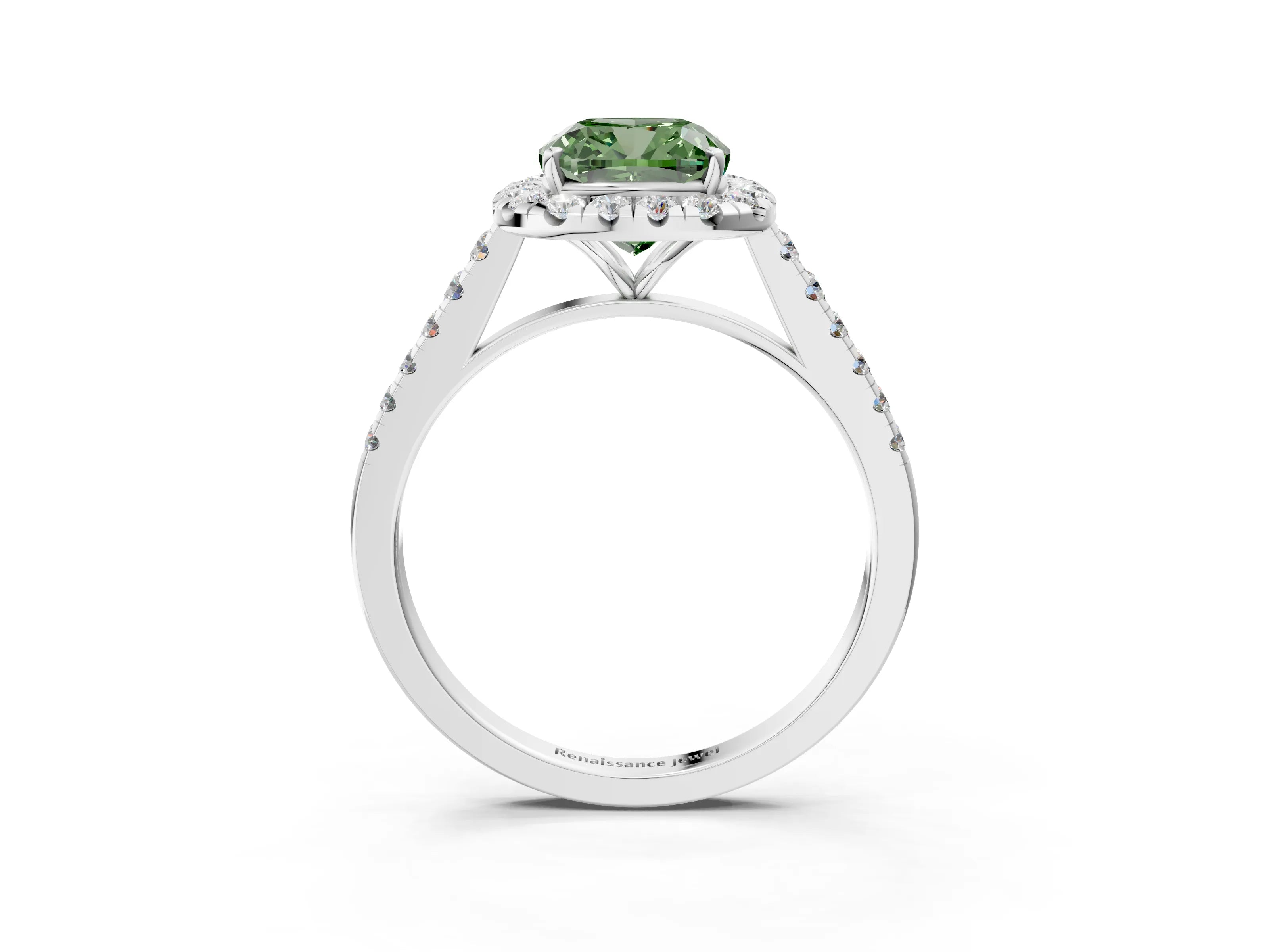 White gold Fancy Green Cushion Cut Halo Pave Diamond Engagement Ring with Four-Prong Setting_3