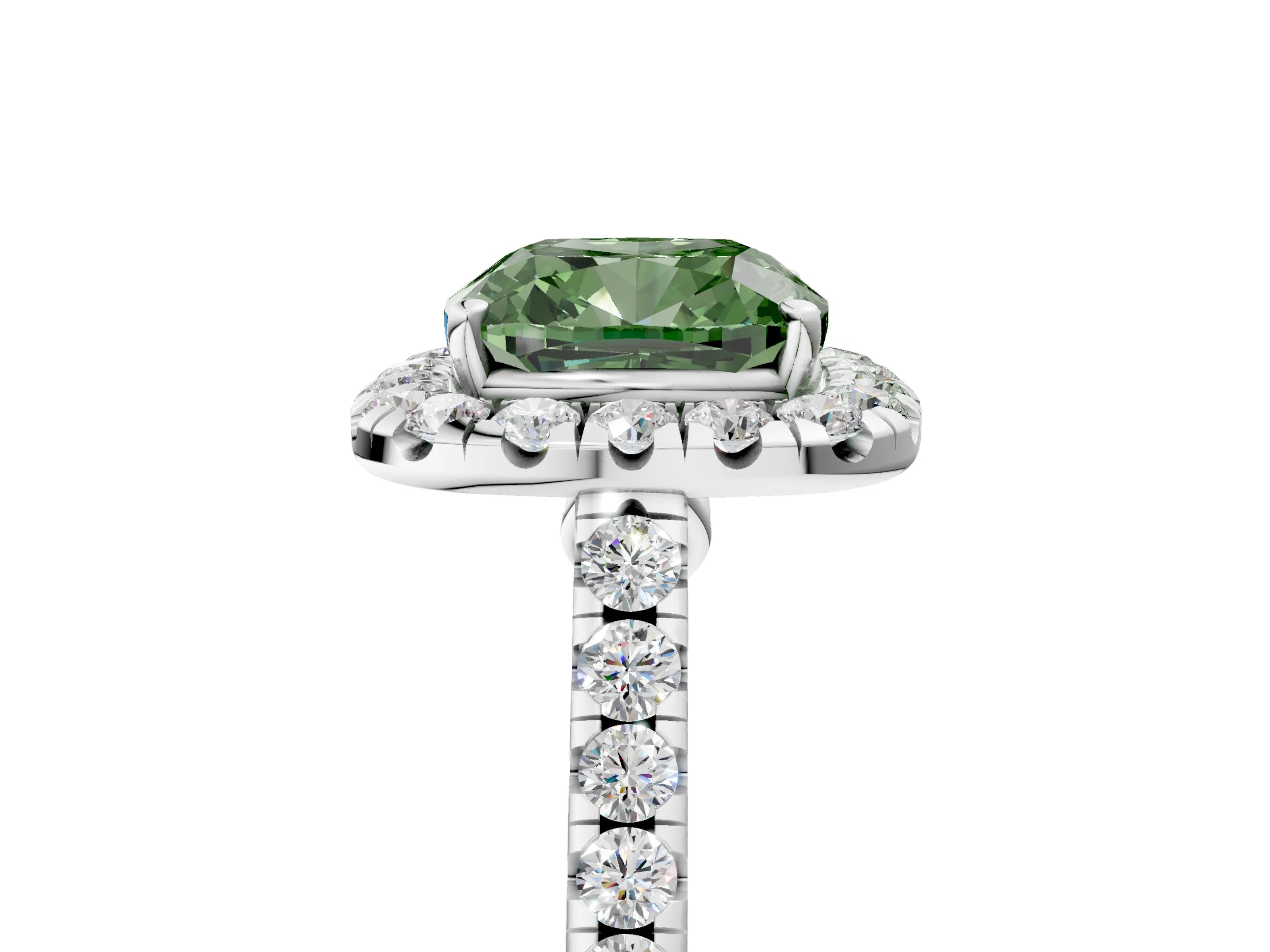 White gold Fancy Green Cushion Cut Halo Pave Diamond Engagement Ring with Four-Prong Setting_5