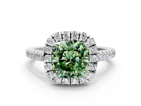 White gold Fancy Green Cushion Cut Halo Pave Diamond Engagement Ring with Four-Prong Setting