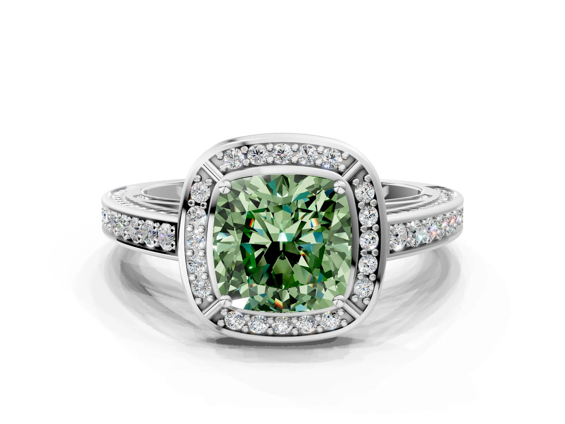 White gold Fancy Green Cushion  Cut Halo Pave Split Shank Prong Setting Ring_62