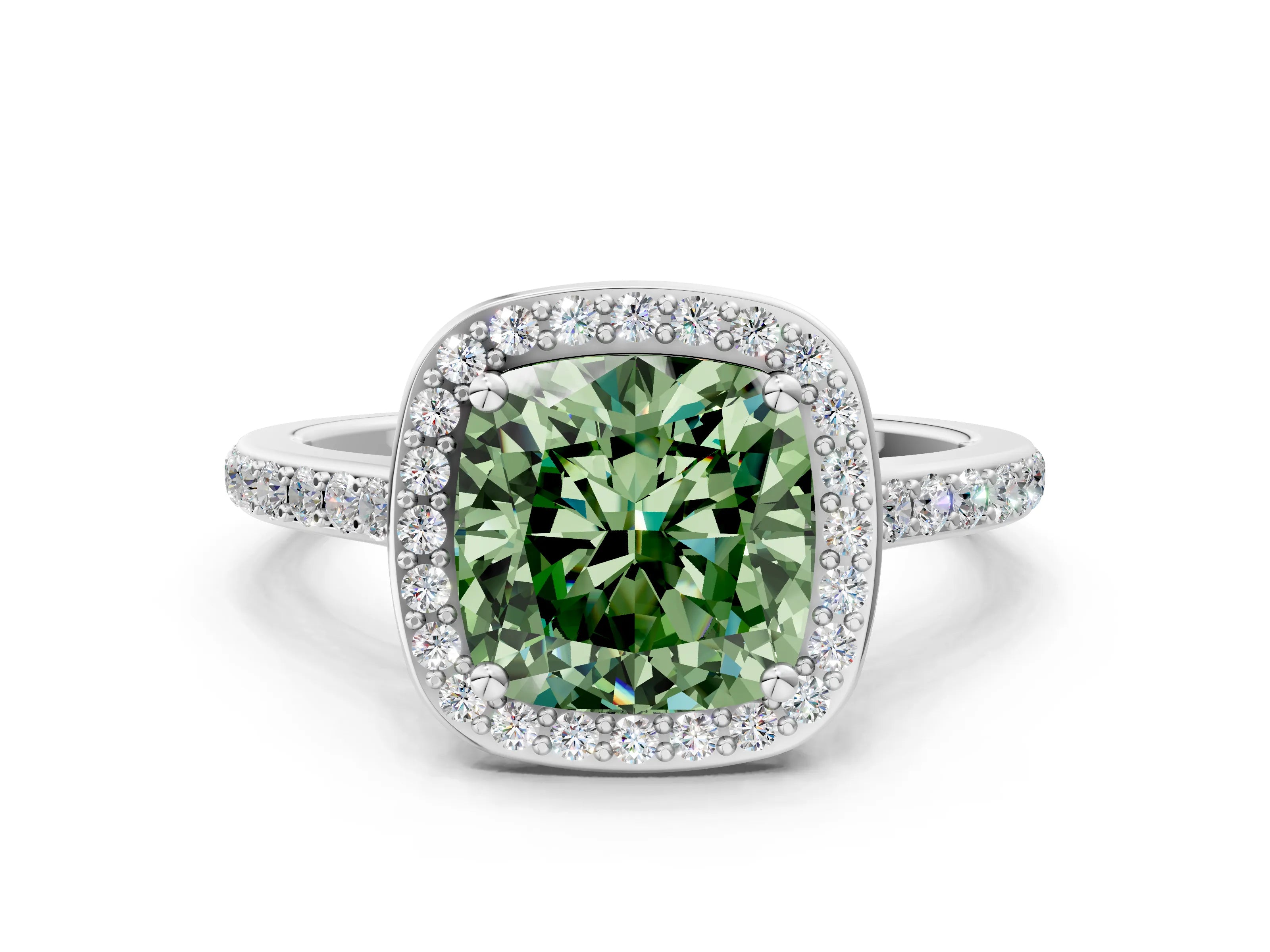 White gold Fancy Green Cushion Cut Halo Round Diamond Pavé Band with Four-Prong Setting_33