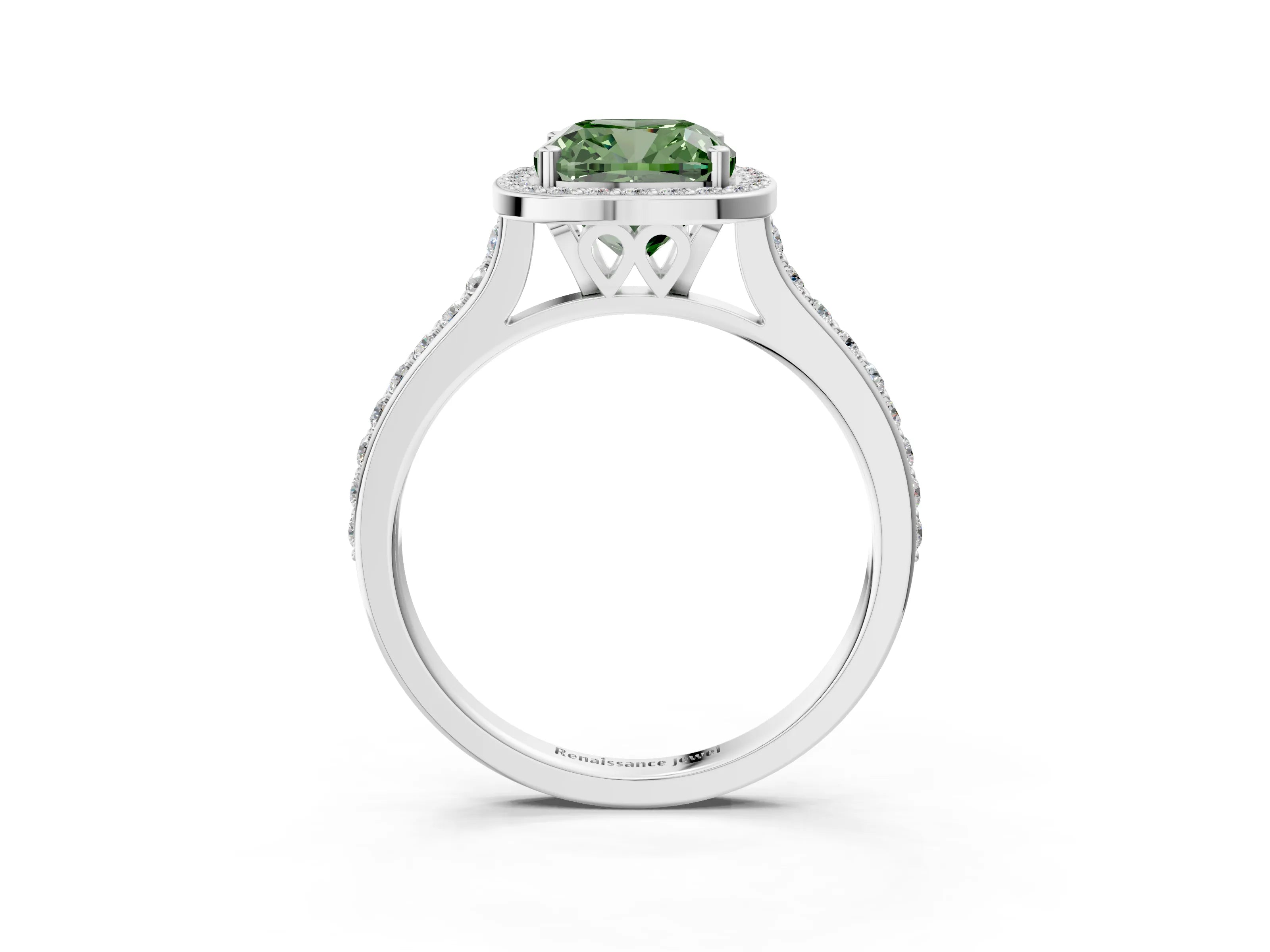 White gold Fancy Green Cushion Cut Halo Round Diamond Pavé Band with Four-Prong Setting_36