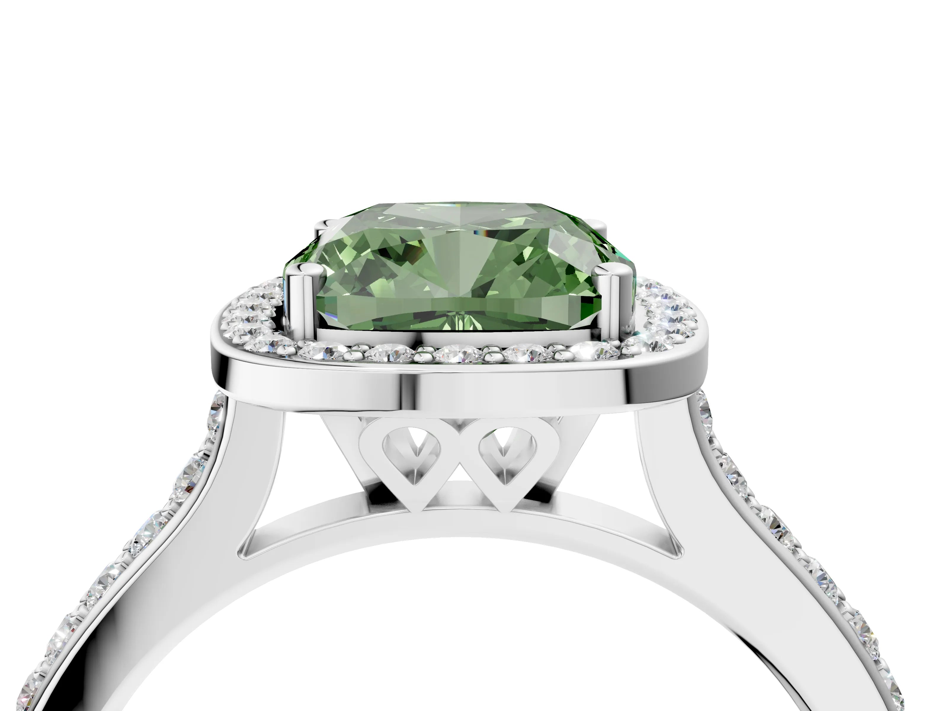 White gold Fancy Green Cushion Cut Halo Round Diamond Pavé Band with Four-Prong Setting_37