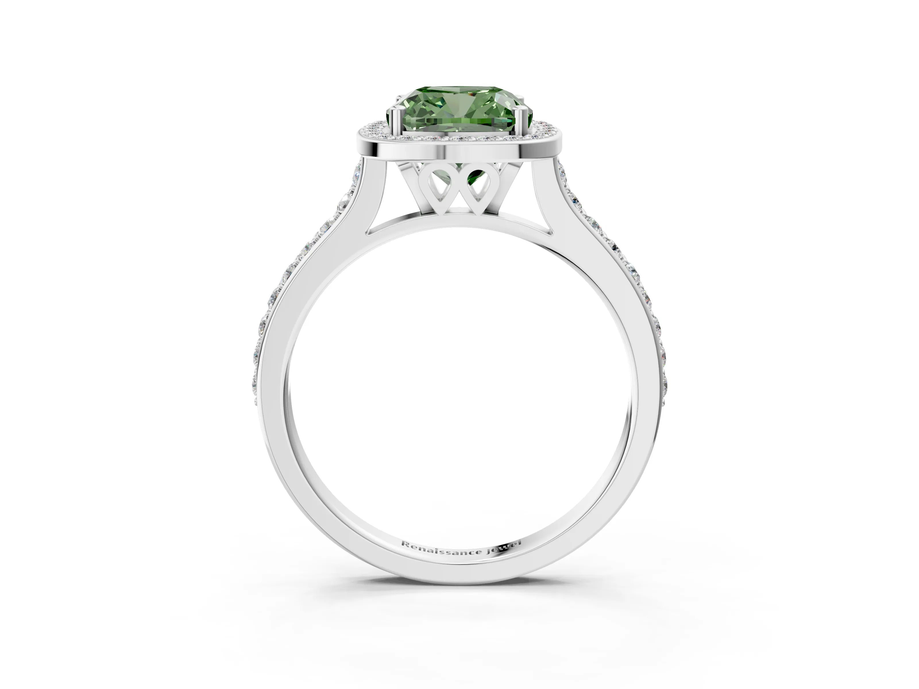 White gold Fancy Green Cushion Cut Halo Round Diamond Pavé Band with Four-Prong Setting_42