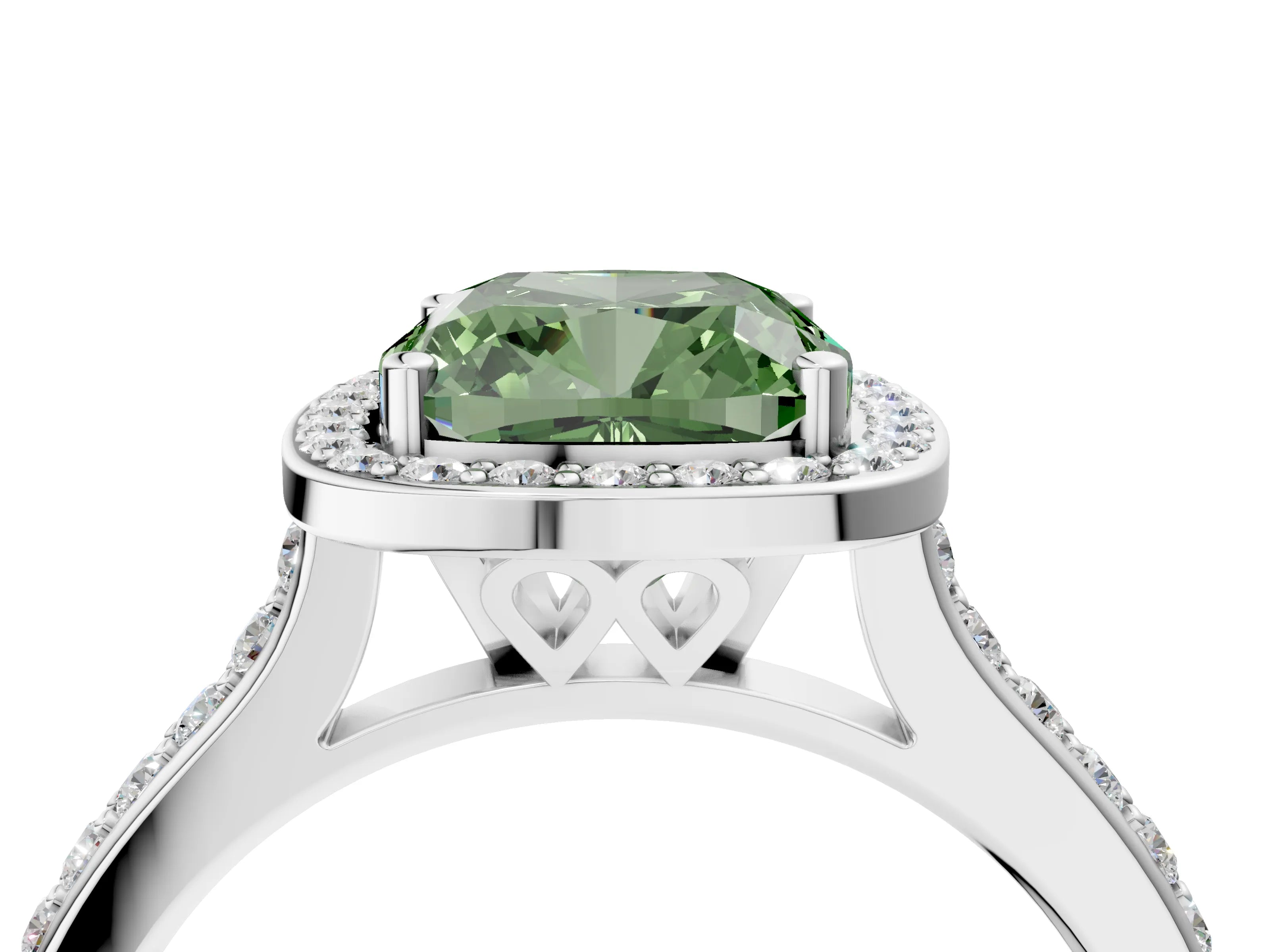 White gold Fancy Green Cushion Cut Halo Round Diamond Pavé Band with Four-Prong Setting_43