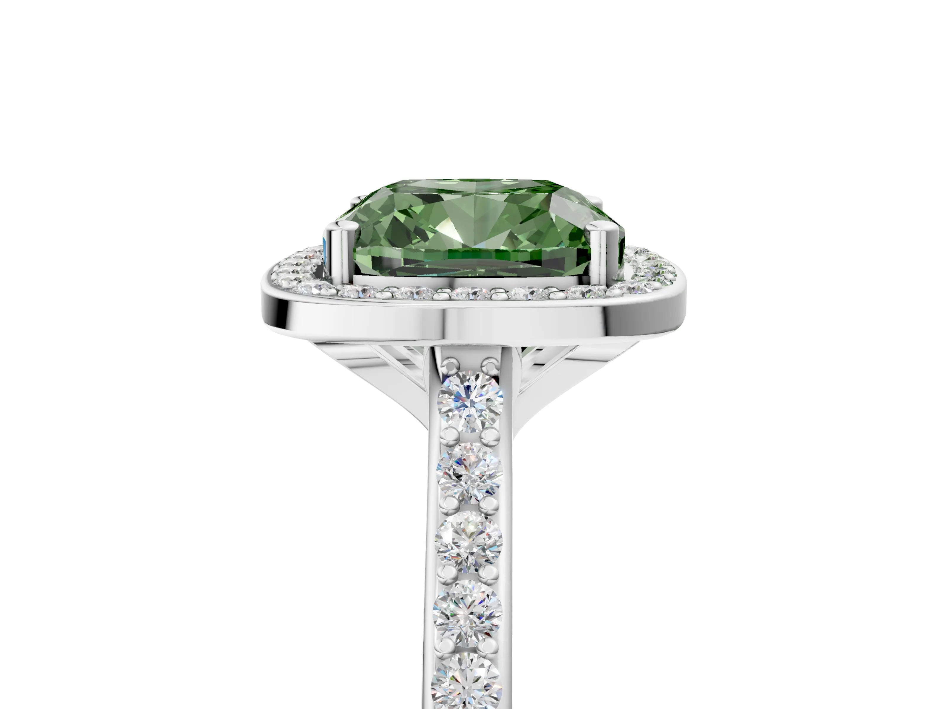 White gold Fancy Green Cushion Cut Halo Round Diamond Pavé Band with Four-Prong Setting_44
