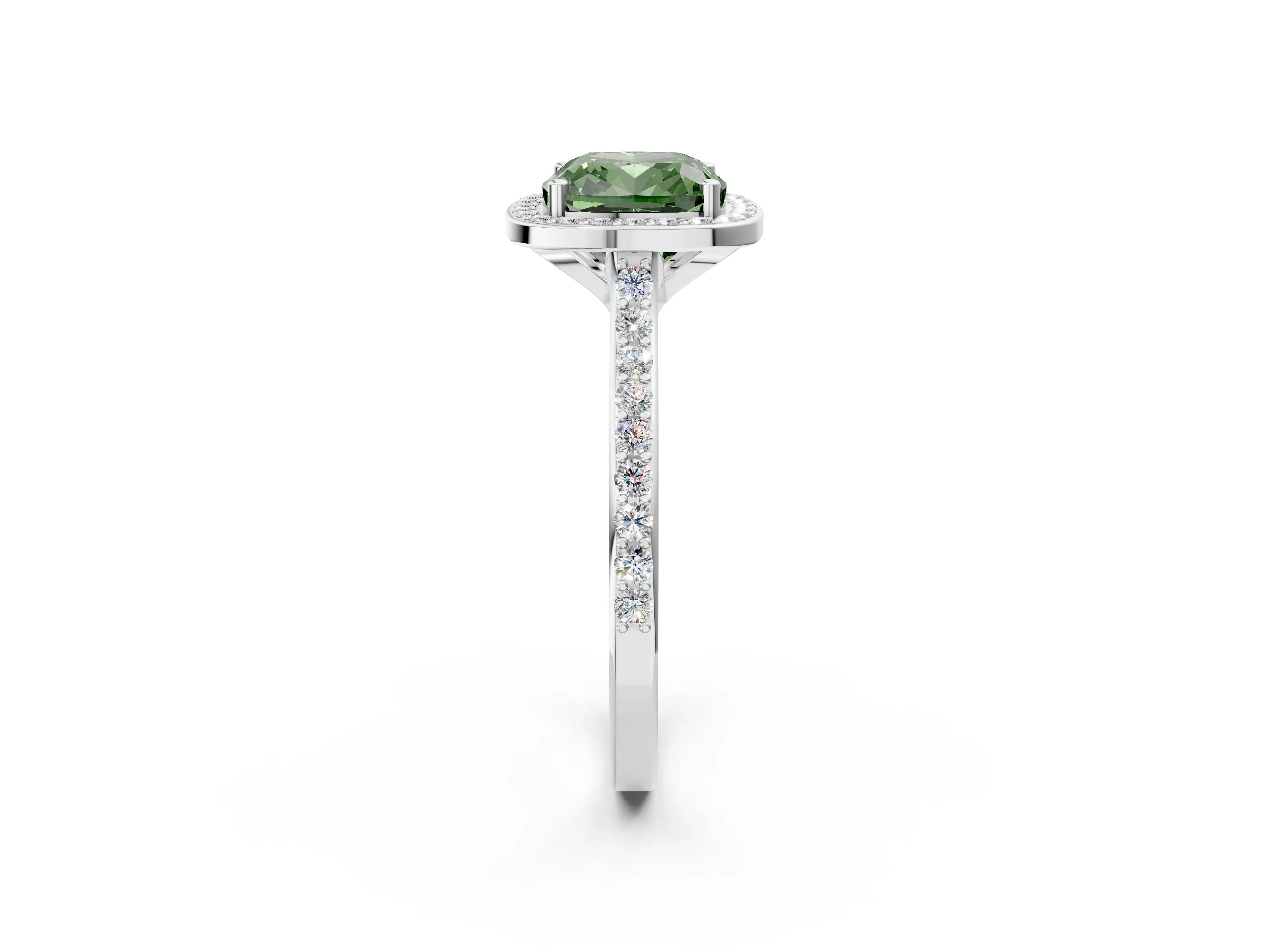 White gold Fancy Green Cushion Cut Halo Round Diamond Pavé Band with Four-Prong Setting_51