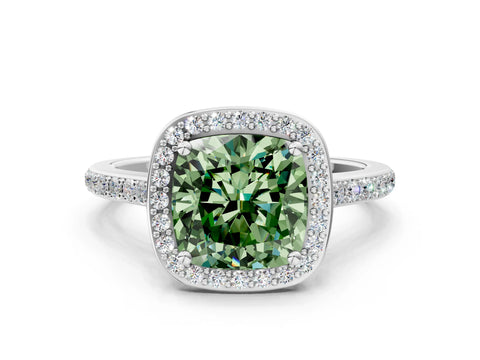 White gold Fancy Green Cushion Cut Halo Round Diamond Pavé Band with Four-Prong Setting_61