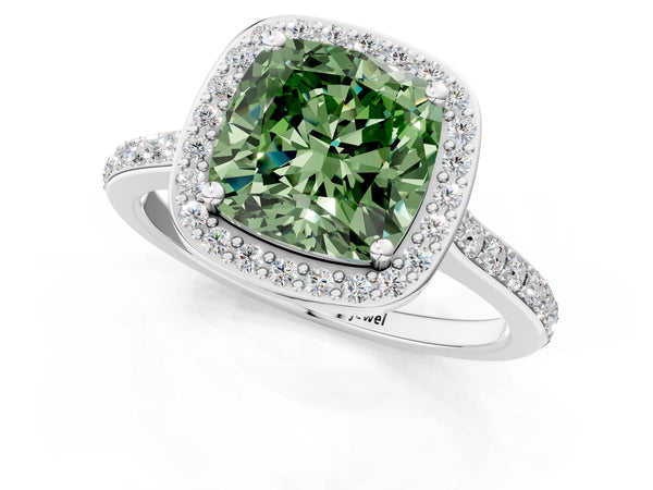 Platinum Fancy Green Cushion Cut Halo Round Diamond Pavé Band with Four-Prong Setting