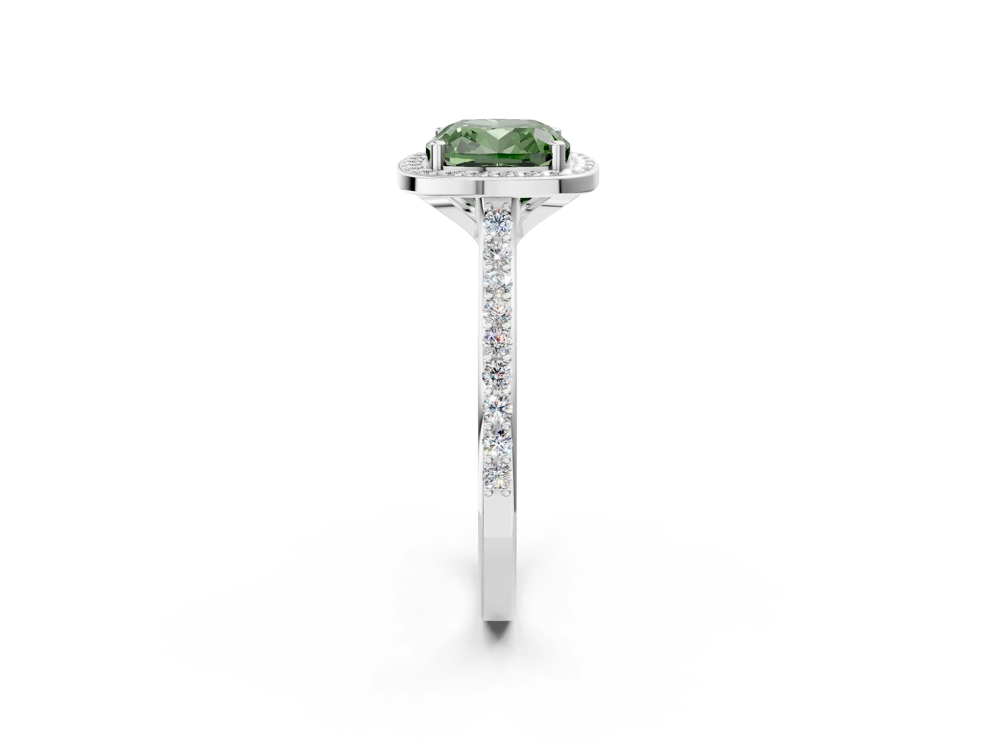White gold Fancy Green Cushion Cut Halo Round Diamond Pavé Band with Four-Prong Setting_63