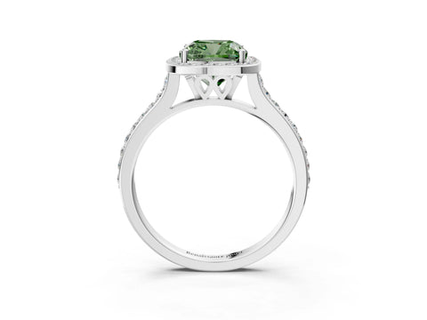 White gold Fancy Green Cushion Cut Halo Round Diamond Pavé Band with Four-Prong Setting_64