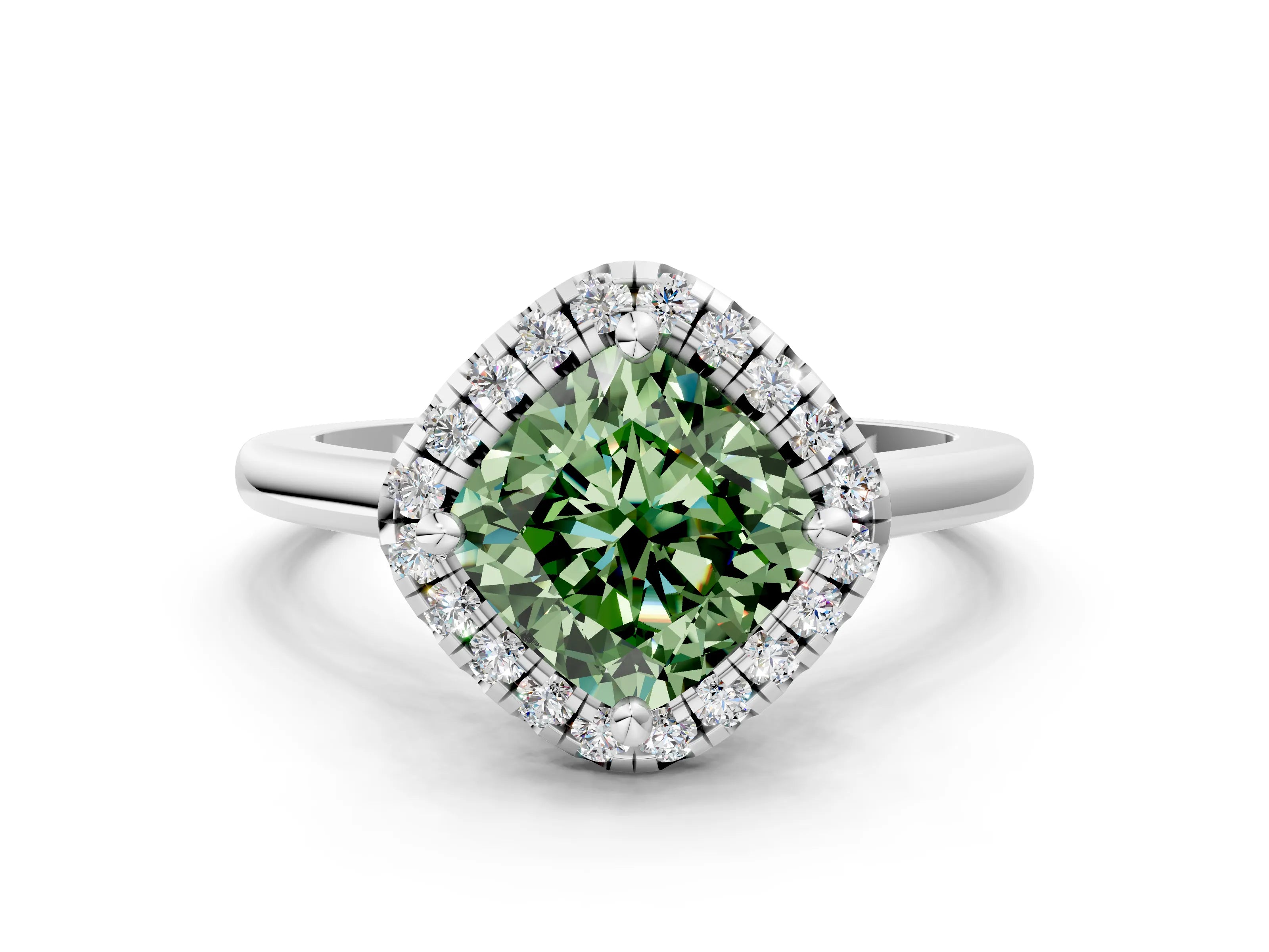White gold Fancy Green Cushion Cut Halo Round Diamond Solitaire Engagement Ring with Pave Band and Four-Prong Setting_24