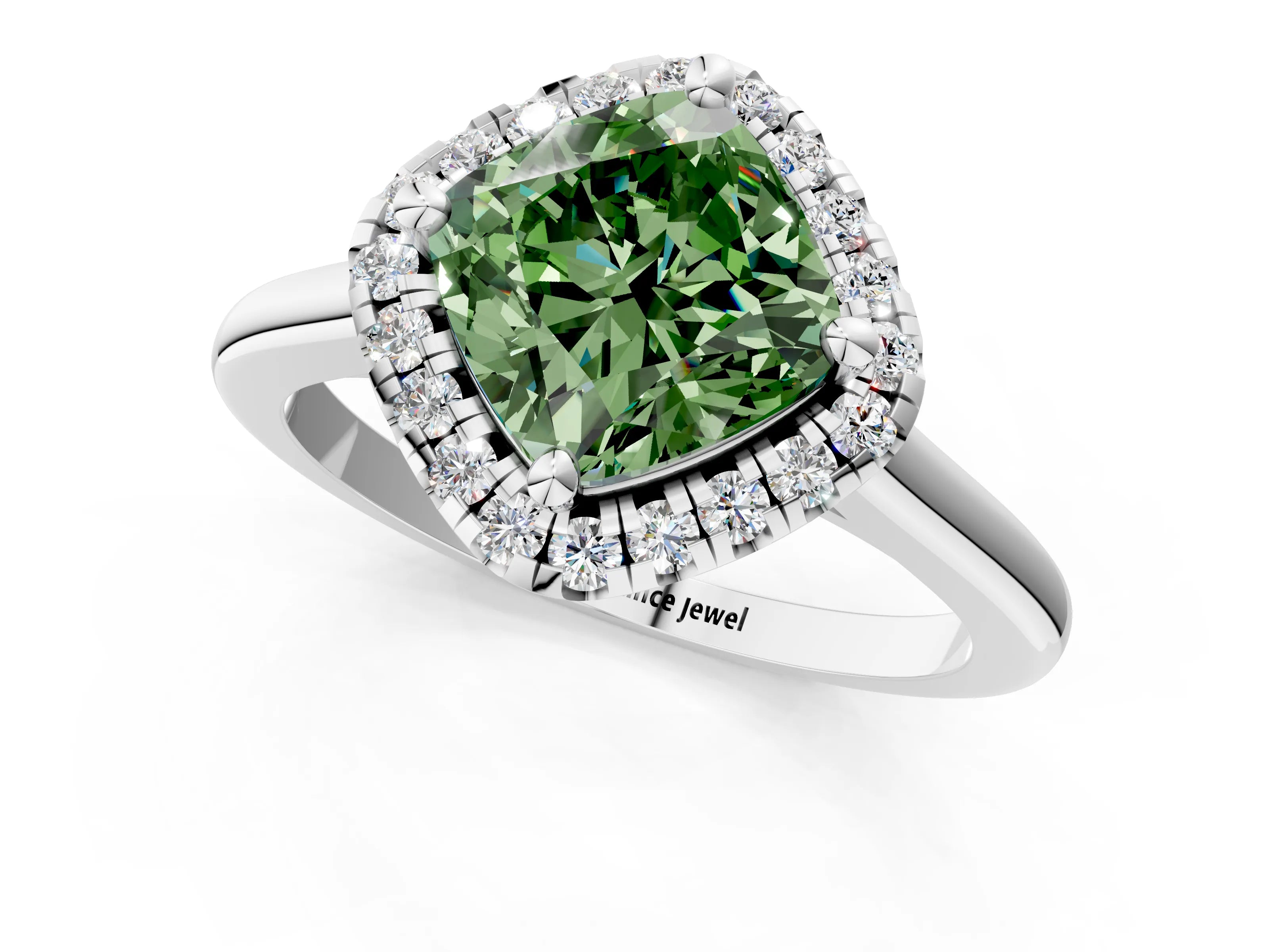 White gold Fancy Green Cushion Cut Halo Round Diamond Solitaire Engagement Ring with Pave Band and Four-Prong Setting_25