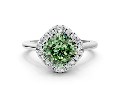 White gold Fancy Green Cushion Cut Halo Round Diamond Solitaire Engagement Ring with Pave Band and Four-Prong Setting_25