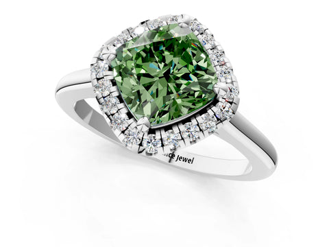 White gold Fancy Green Cushion Cut Halo Round Diamond Solitaire Engagement Ring with Pave Band and Four-Prong Setting_25