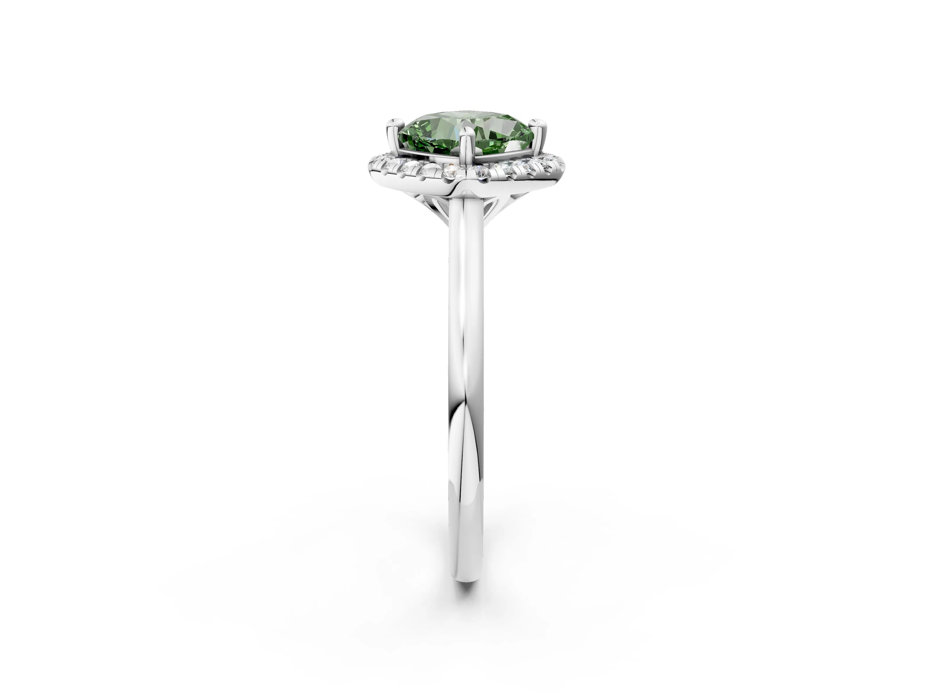 White gold Fancy Green Cushion Cut Halo Round Diamond Solitaire Engagement Ring with Pave Band and Four-Prong Setting_26