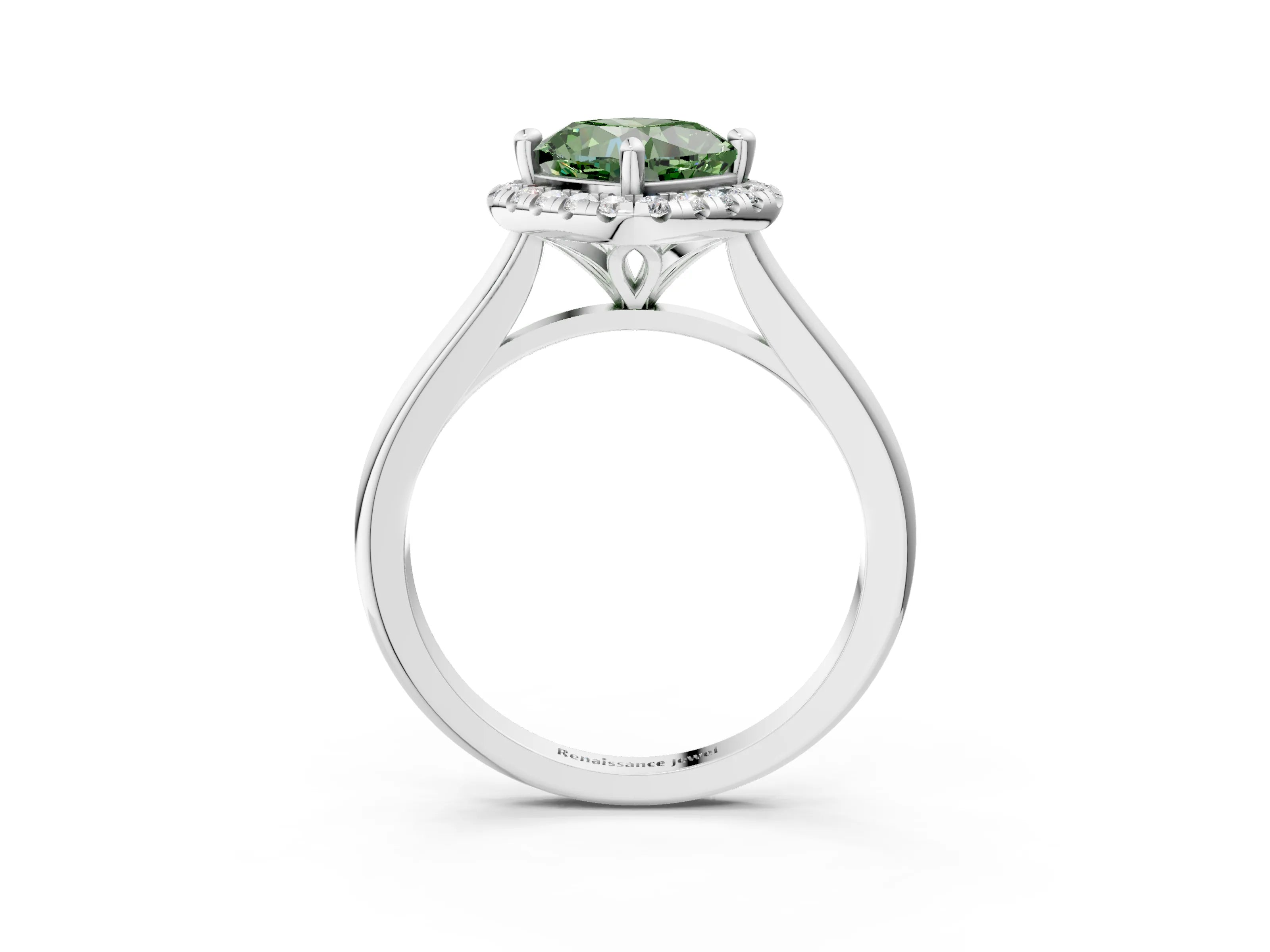 White gold Fancy Green Cushion Cut Halo Round Diamond Solitaire Engagement Ring with Pave Band and Four-Prong Setting_27