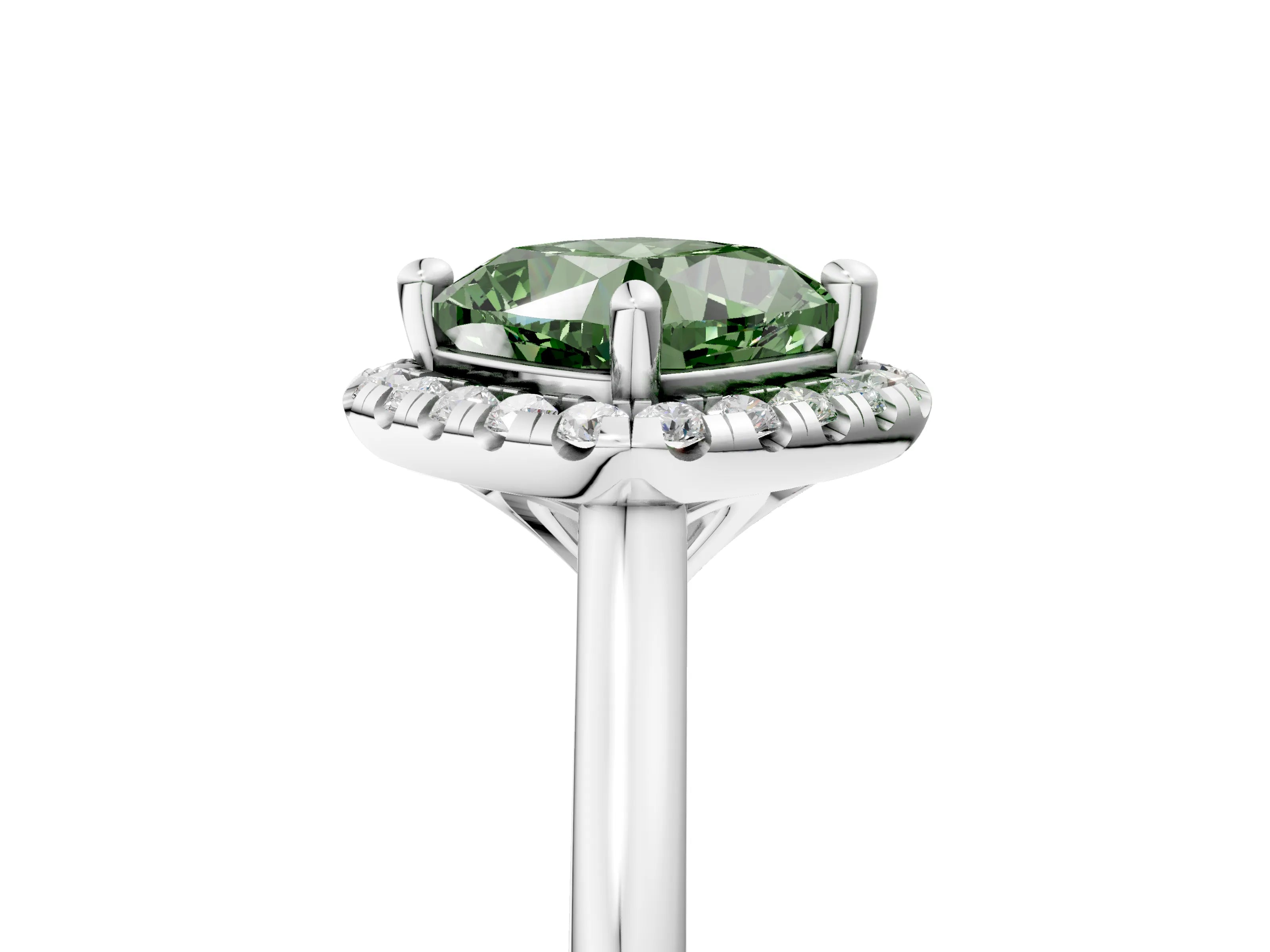 White gold Fancy Green Cushion Cut Halo Round Diamond Solitaire Engagement Ring with Pave Band and Four-Prong Setting_5