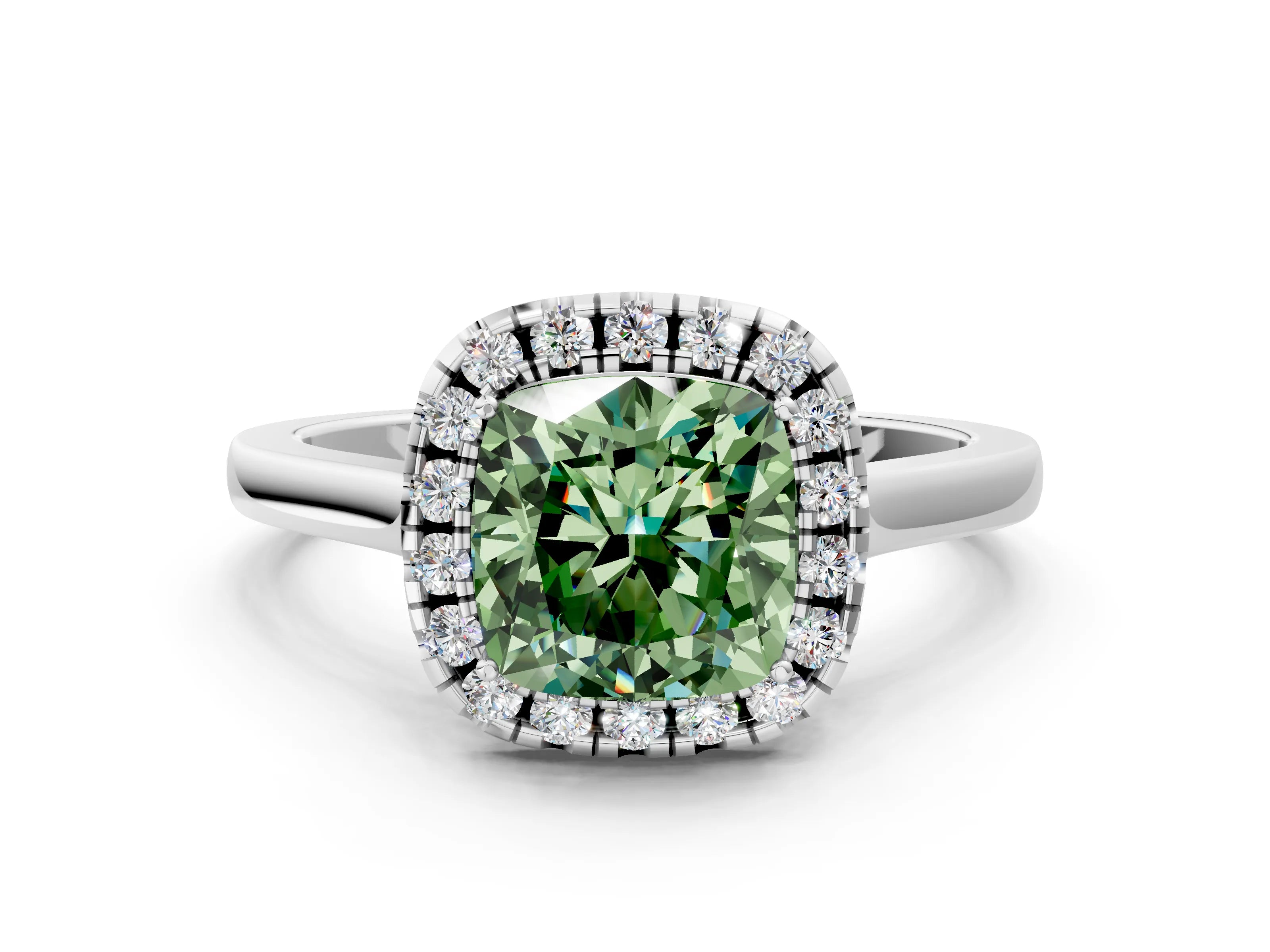 White gold Fancy Green Cushion Cut Halo Round Diamond Solitaire Ring with Pavé Band and Four-Prong Setting_12