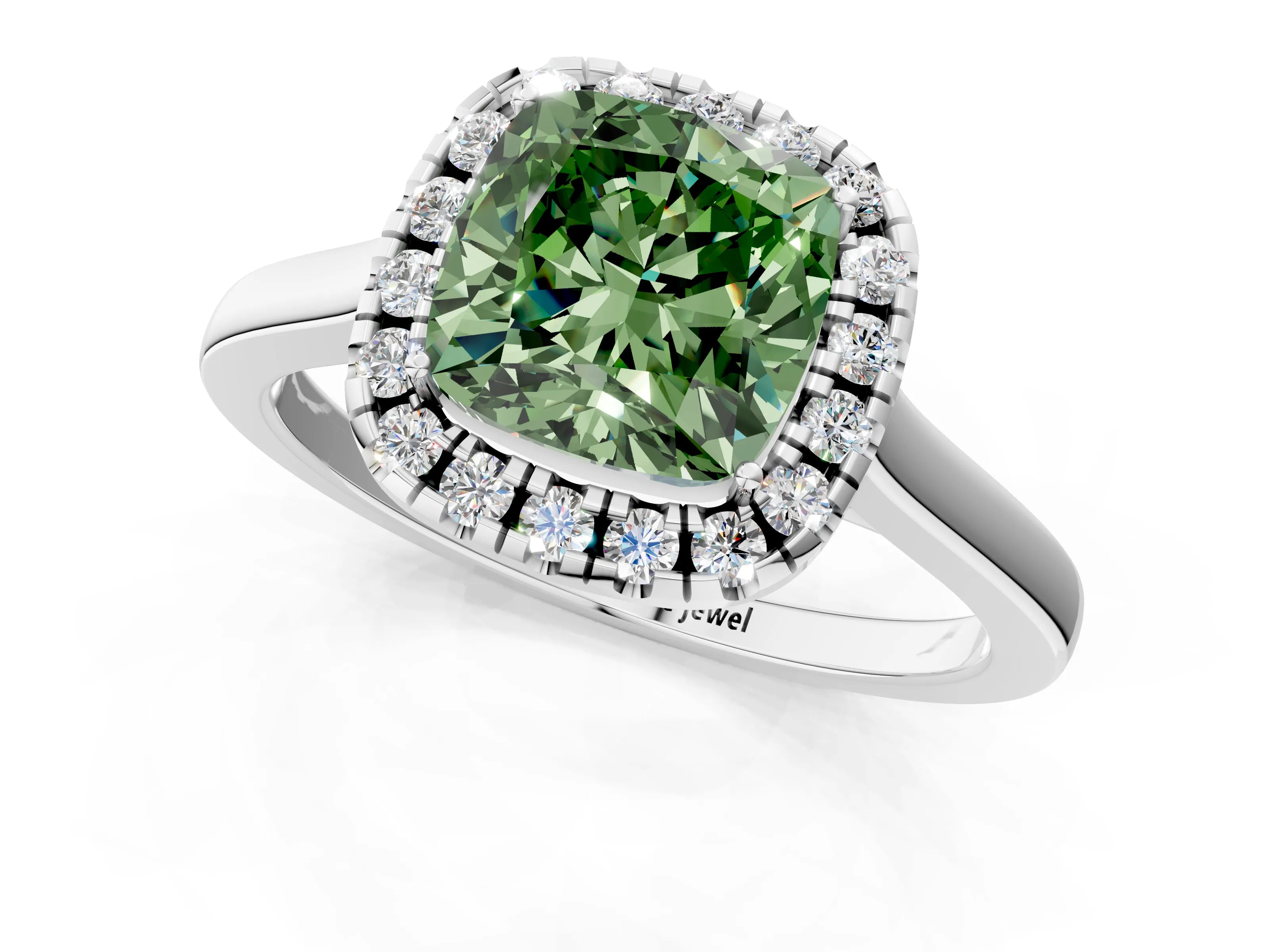 White gold Fancy Green Cushion Cut Halo Round Diamond Solitaire Ring with Pavé Band and Four-Prong Setting_13