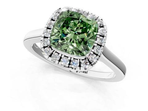 White gold Fancy Green Cushion Cut Halo Round Diamond Solitaire Ring with Pavé Band and Four-Prong Setting_13