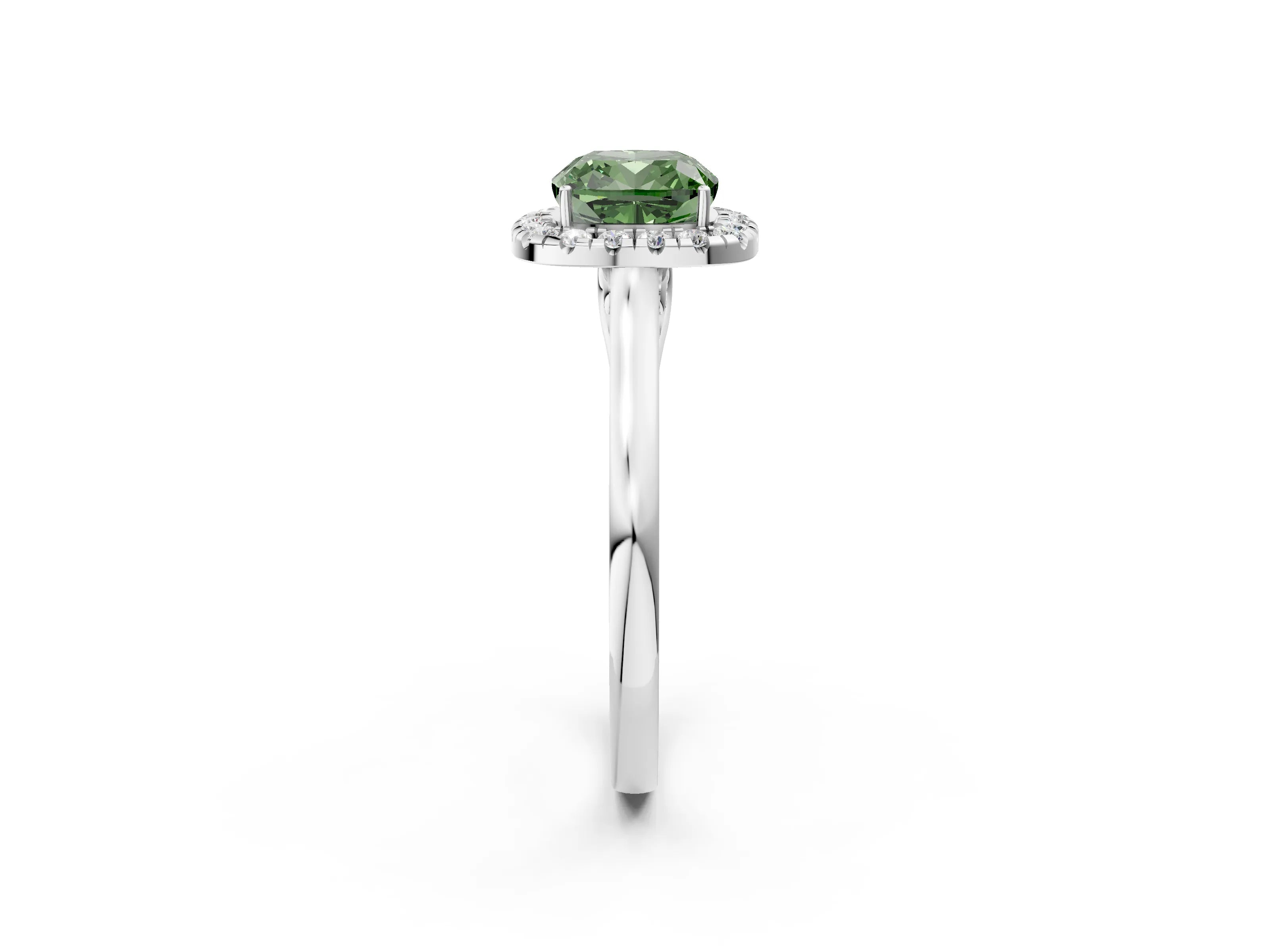 White gold Fancy Green Cushion Cut Halo Round Diamond Solitaire Ring with Pavé Band and Four-Prong Setting_14