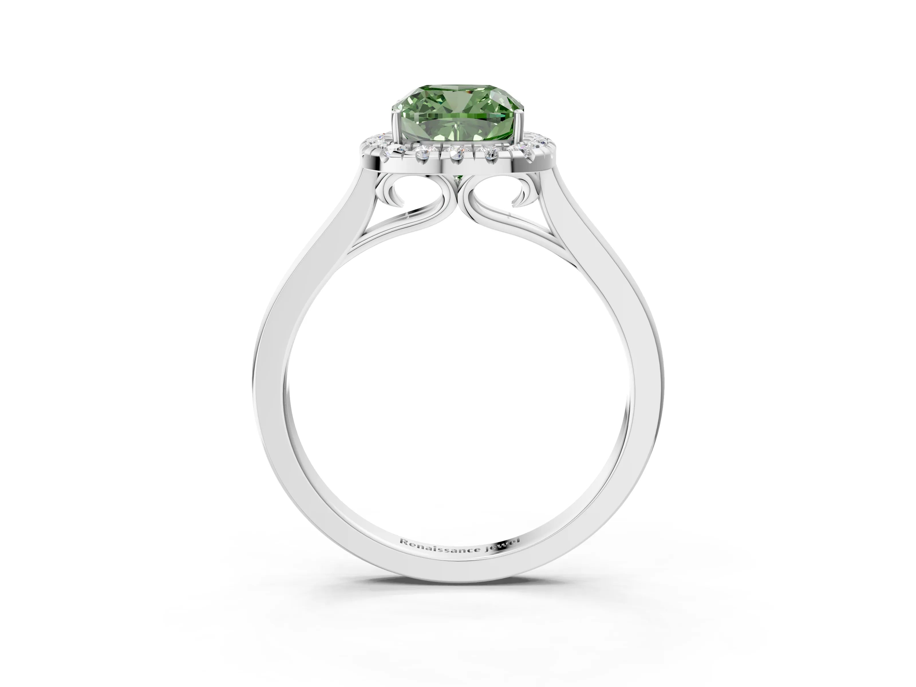 White gold Fancy Green Cushion Cut Halo Round Diamond Solitaire Ring with Pavé Band and Four-Prong Setting_15