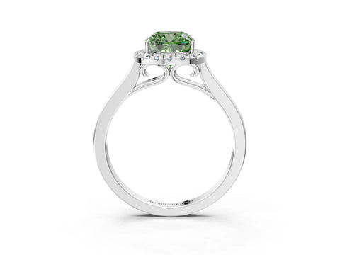 White gold Fancy Green Cushion Cut Halo Round Diamond Solitaire Ring with Pavé Band and Four-Prong Setting_15