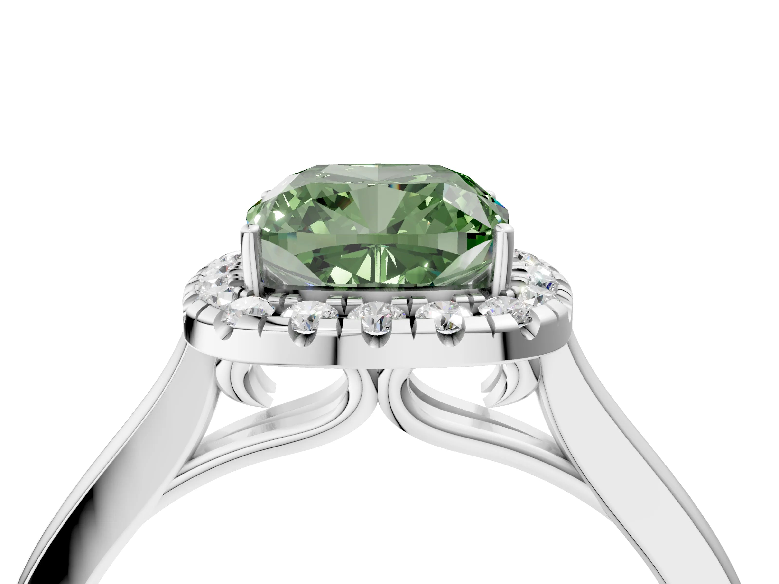 White gold Fancy Green Cushion Cut Halo Round Diamond Solitaire Ring with Pavé Band and Four-Prong Setting_16