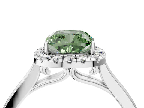 White gold Fancy Green Cushion Cut Halo Round Diamond Solitaire Ring with Pavé Band and Four-Prong Setting_16