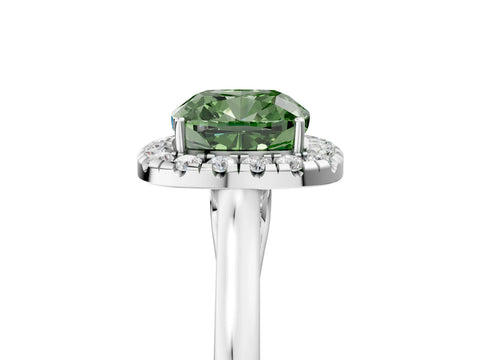 White gold Fancy Green Cushion Cut Halo Round Diamond Solitaire Ring with Pavé Band and Four-Prong Setting_17