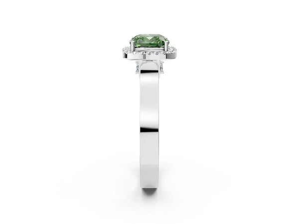 Platinum Fancy Green Cushion Cut Halo Round Diamond Twist Band with Four-Prong Setting