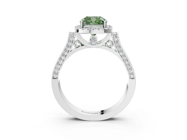 Platinum Fancy Green Cushion Cut Halo Round Diamond Twist Band with Four-Prong Setting