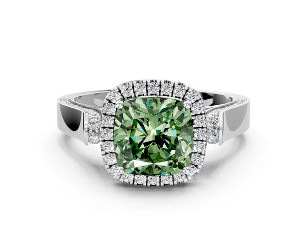 Platinum Fancy Green Cushion Cut Halo Round Diamond Twist Band with Four-Prong Setting