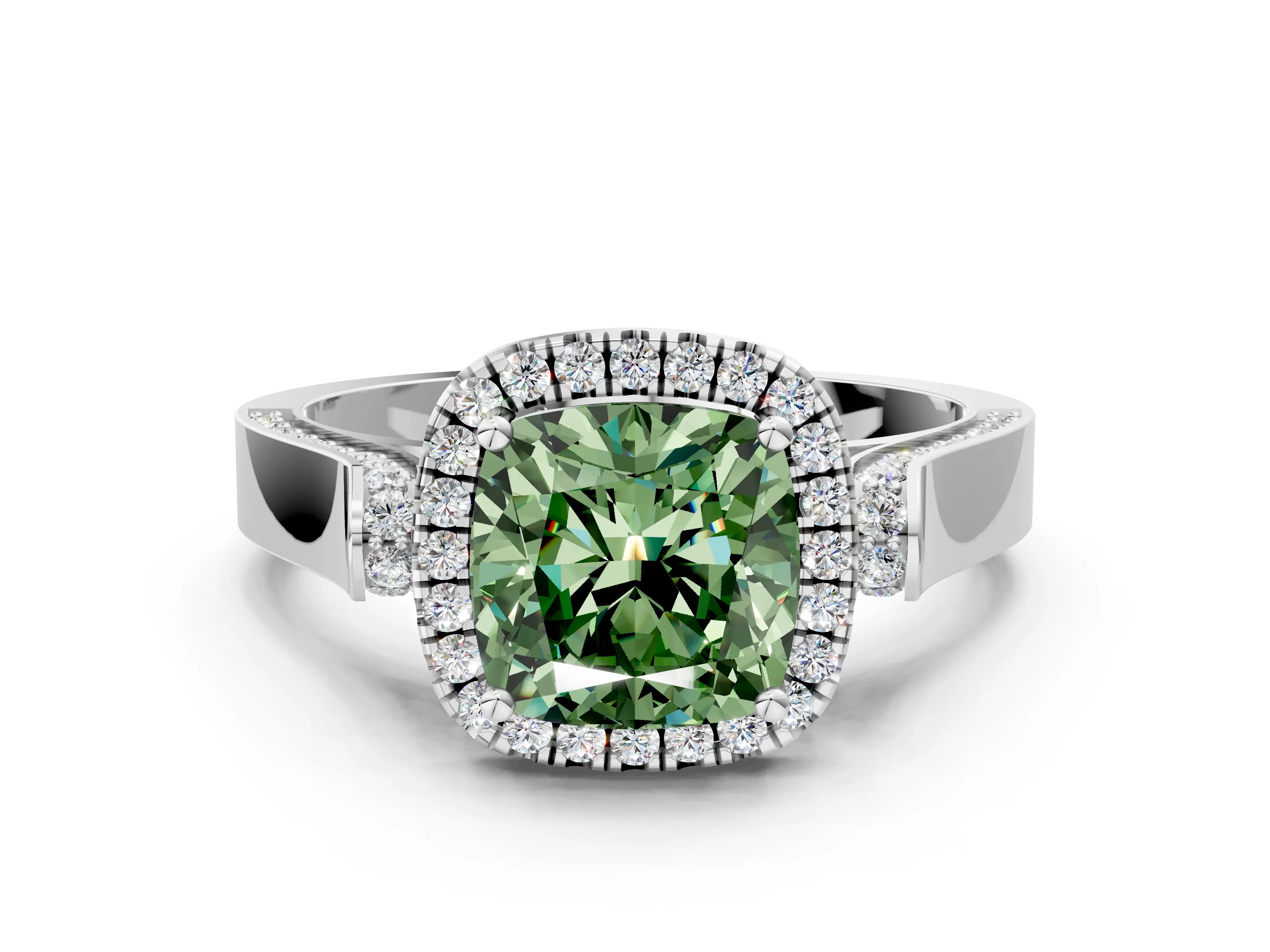 White gold Fancy Green Cushion Cut Halo Round Diamond Twist Band with Four-Prong Setting_24